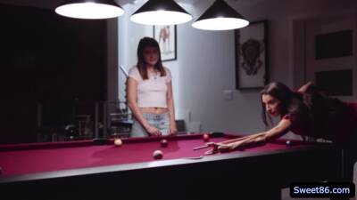 Busty milf Silvia Saige fingers stepdaughters pussy on the pool table - fetishpapa.com