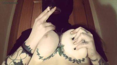 Girl With A Mask Plays With Her Tits And Smokes A Cigarette - hclips.com